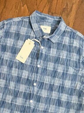 Folk NWT William Short Sleeve Revere Light & Dark Blue Check Button-Down Shirt